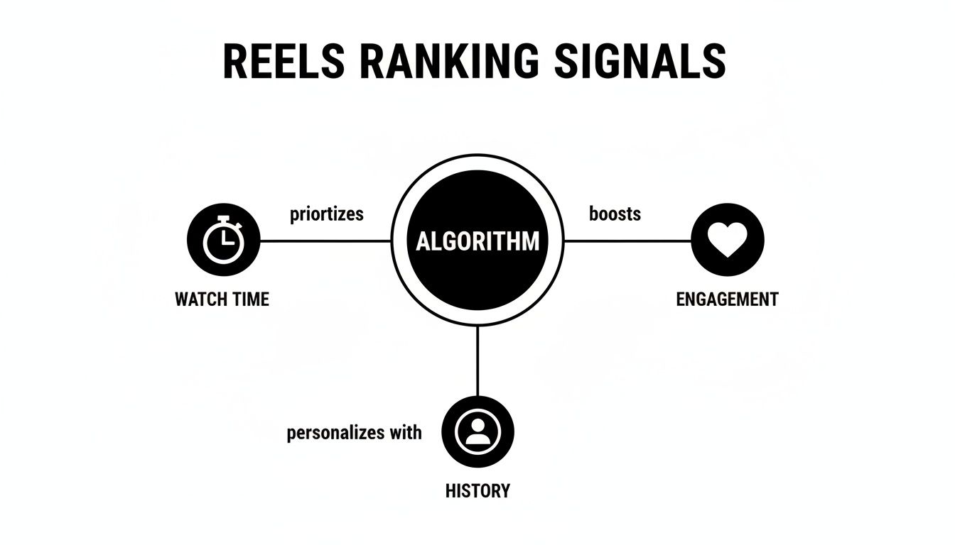 Diagram showing Instagram Reels algorithm prioritizing watch time, boosting engagement, and personalizing with user history.
