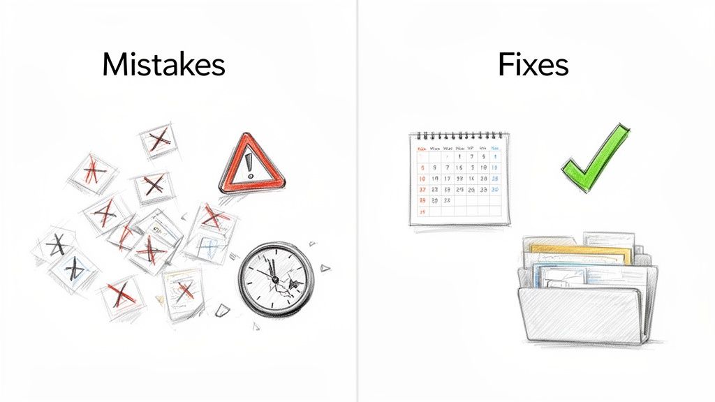 An illustration contrasting mistakes (crossed-out notes, warning sign, broken clock) with fixes (calendar, checkmark, organized files).