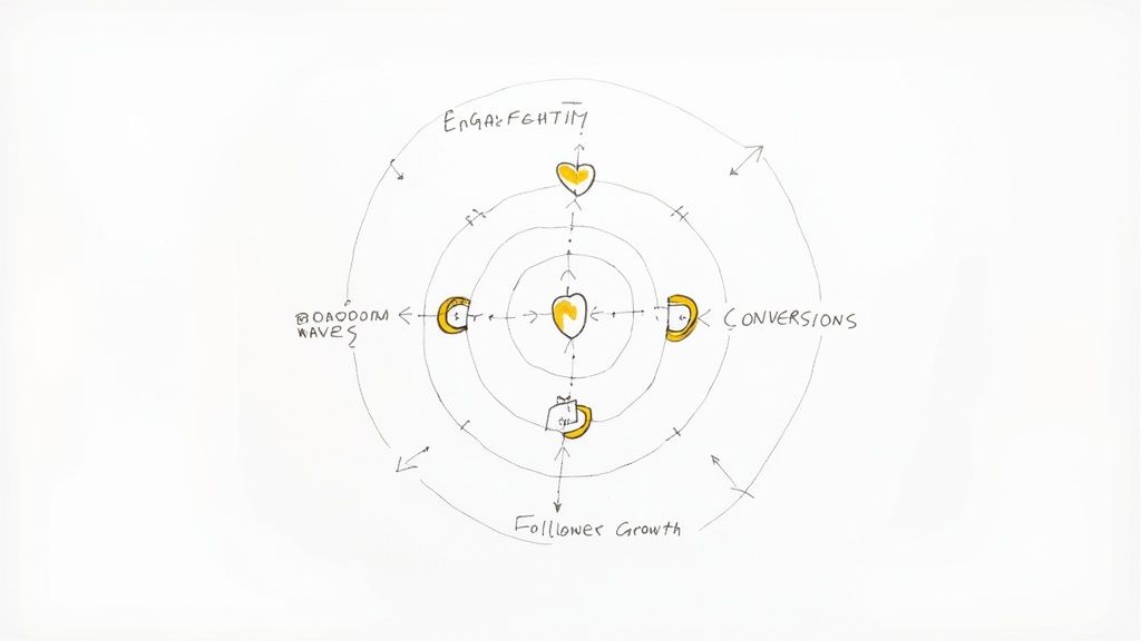 Hand-drawn social media strategy diagram showing engagement, conversions, follower growth, and brand awareness.