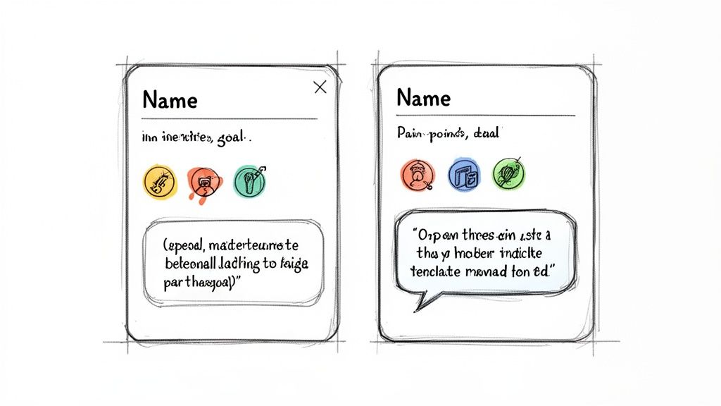 Two hand-drawn user persona cards outlining names, goals, pain points, and quotes.