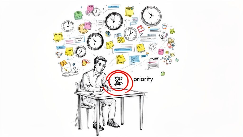 A man sits at a desk, overwhelmed by a cloud of tasks, clocks, and notes, focusing on a highlighted 'priority' icon.