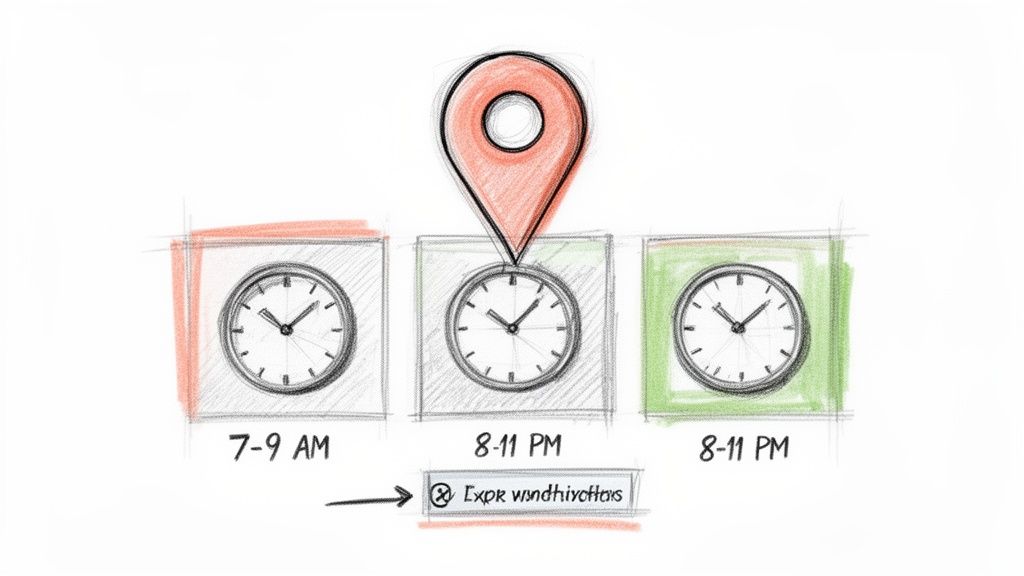 Hand-drawn illustration of three clocks showing different time slots with a location pin and an error message.
