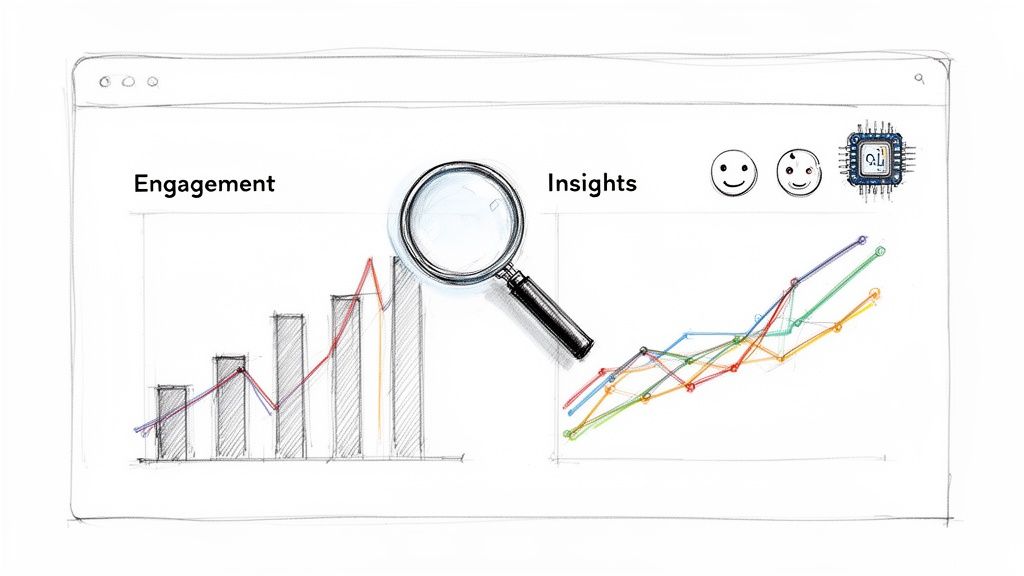 An illustrated web interface with engagement charts, data insights, and AI for social media analysis.