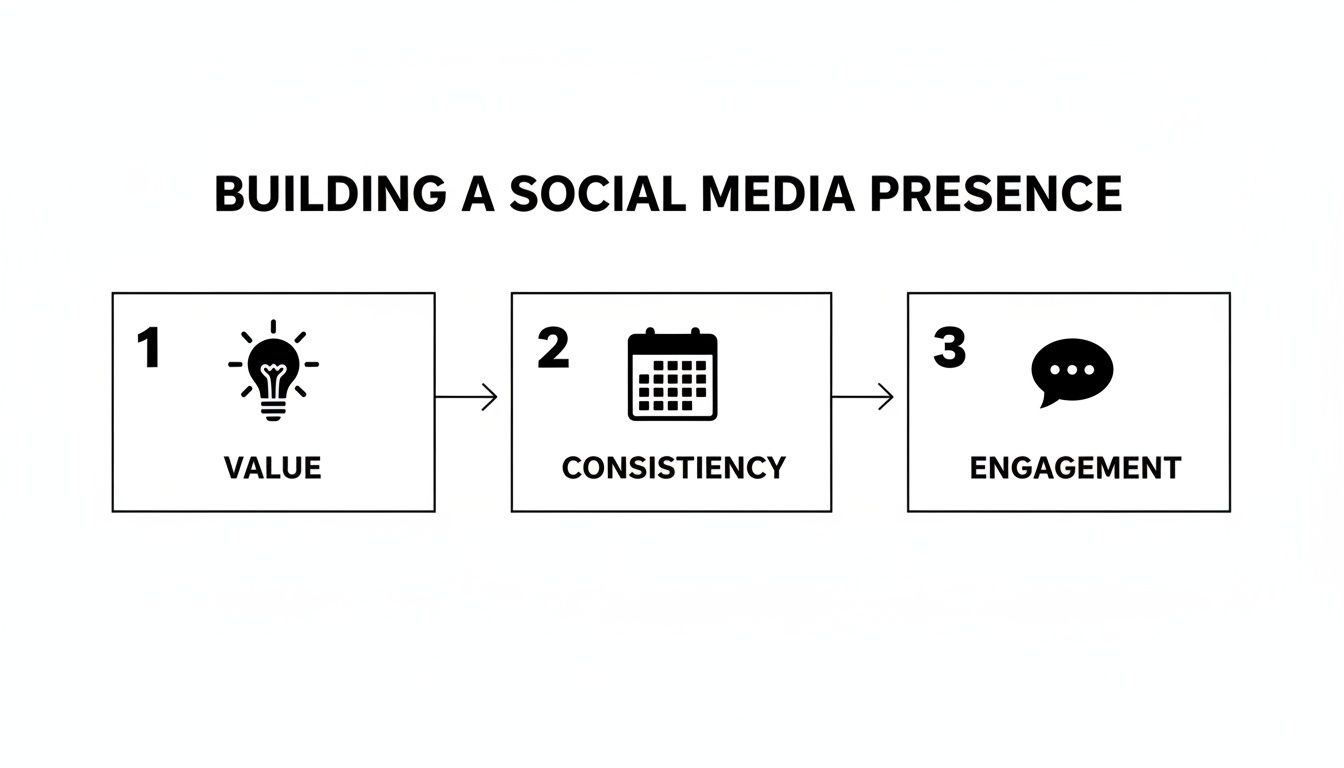 Infographic showing three steps to build a social media presence: value, consistency, engagement.