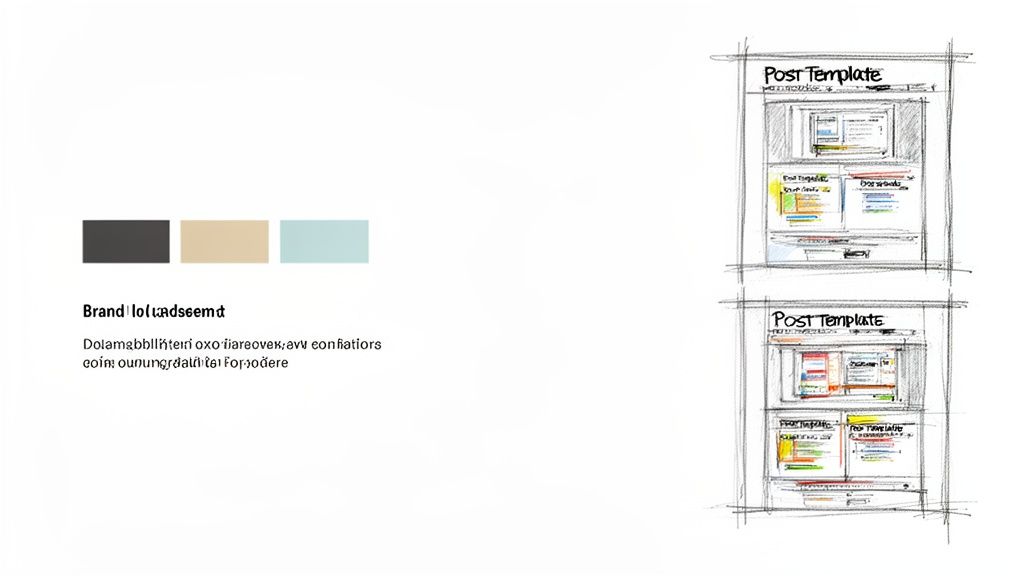 Brand color palette with dark gray, beige, and light blue, alongside sketches of social media post templates.