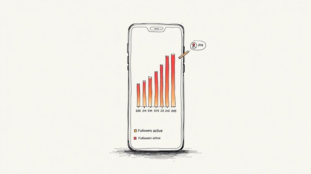 A hand-drawn smartphone displays a bar chart showing follower activity and growth over time.
