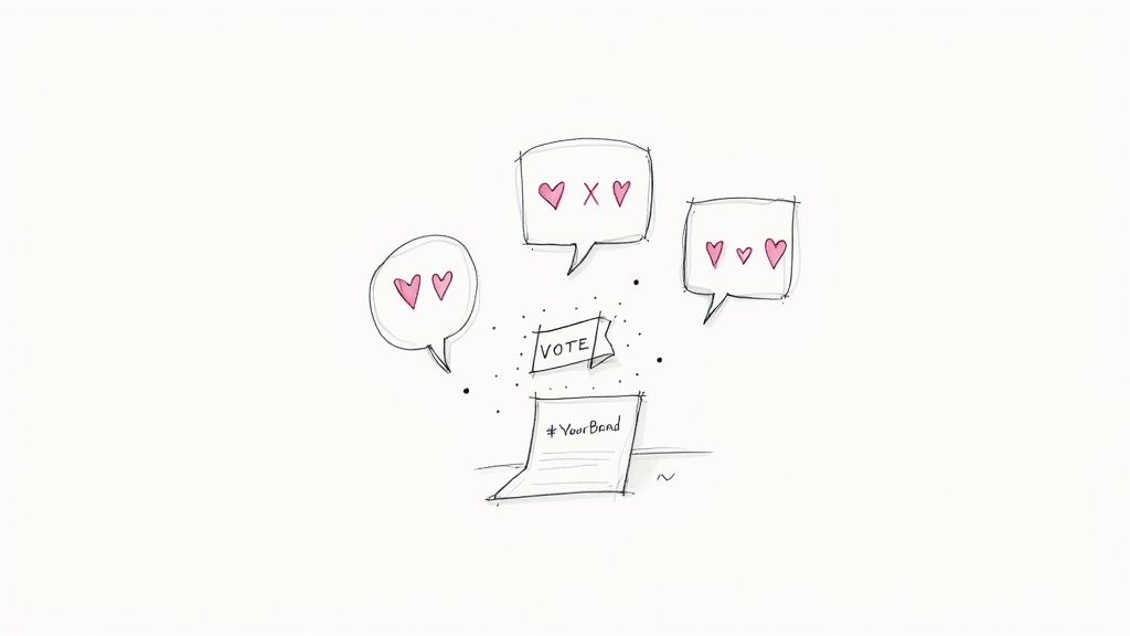 A simple sketch depicting three speech bubbles with hearts, a 'VOTE' banner, and a paper with '#YourBrand', symbolizing social media engagement.