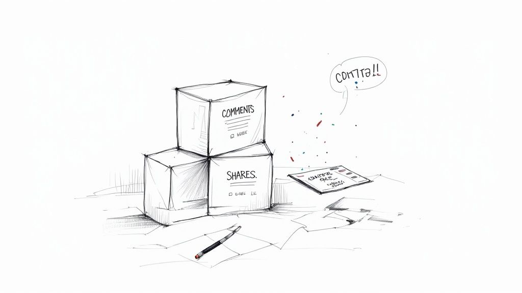 A person's hands holding a smartphone displaying an Instagram profile with high engagement metrics like likes, comments, and shares, with charts and graphs overlaid to signify data analysis.