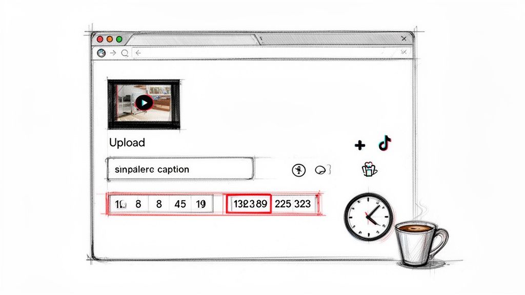 Sketch of a browser upload interface showing a video thumbnail, caption field, numbers, and icons.