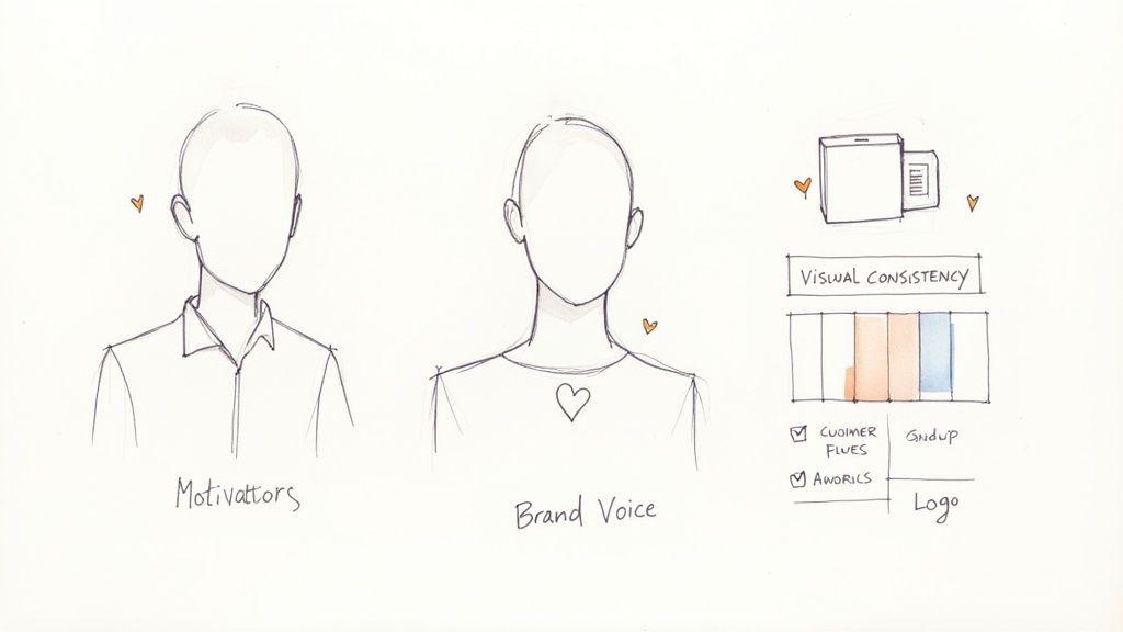 Hand-drawn concepts of brand motivators, brand voice, and visual consistency with charts and icons.