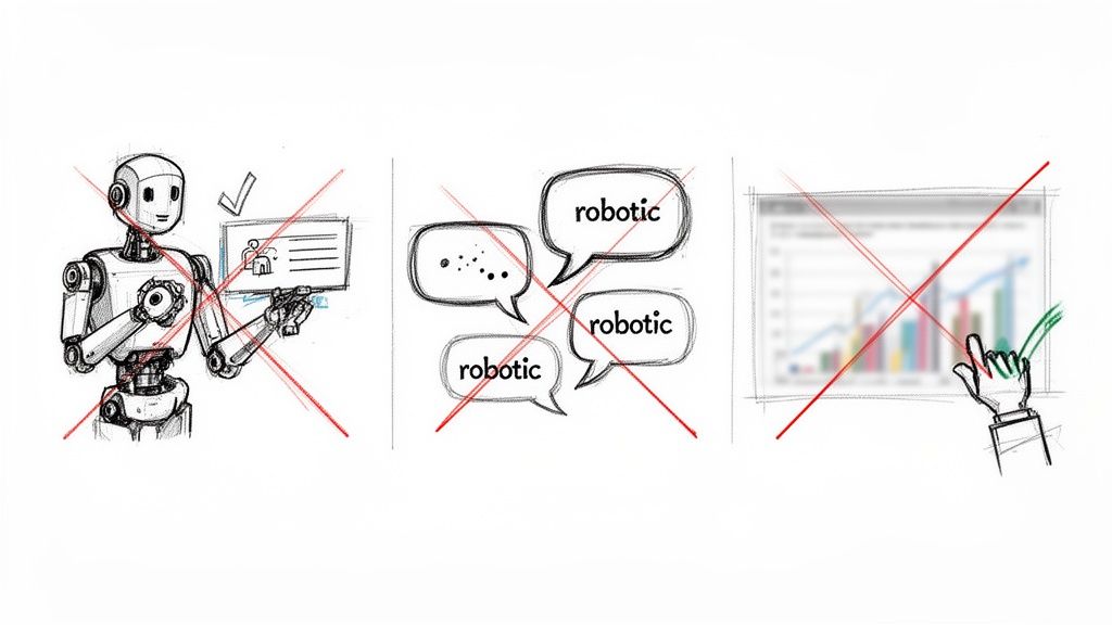 An illustration highlighting social media automation pitfalls like robotic content, generic speech, and complex data.