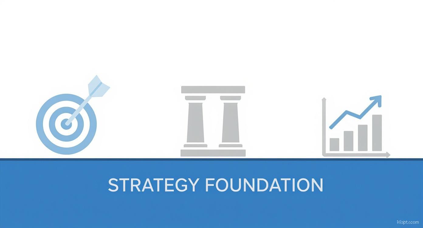 Icons of a target, pillars, and growth chart above 'STRATEGY FOUNDATION' text.