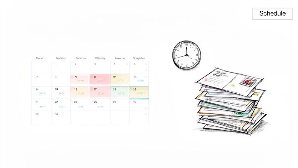 A visual representation of scheduling tasks with a calendar, clock, and stack of mail.