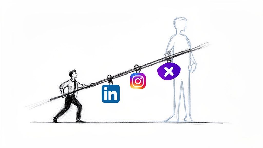 A man struggles uphill, carrying a pole weighted with LinkedIn, Instagram, and X social media logos.