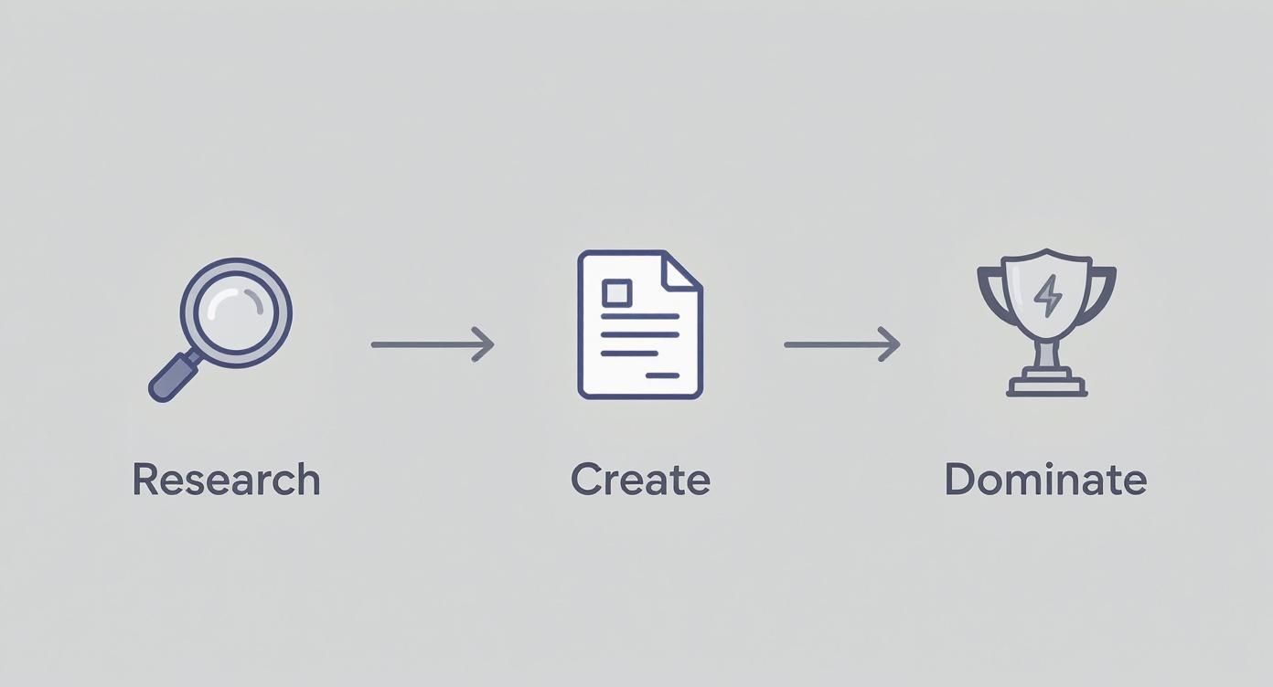 Three-step content marketing process showing research magnifying glass, document creation, and trophy for domination success