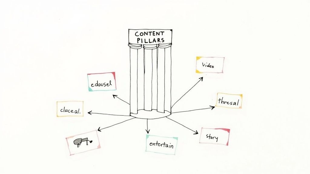 A content calendar being planned on a tablet with various social media icons floating around it