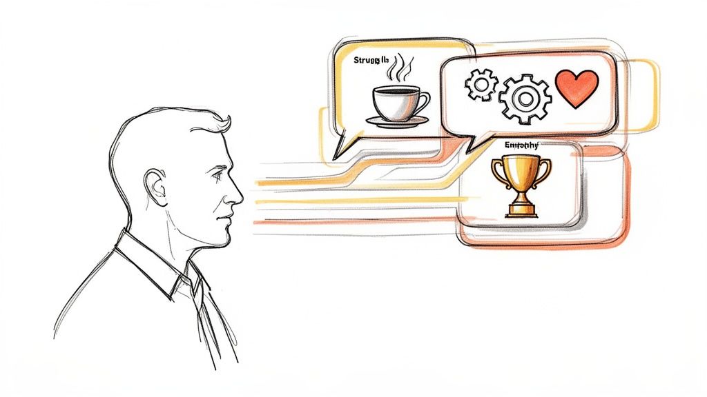 A man's profile with thought bubbles illustrating struggle (coffee), problem-solving (gears), empathy (heart), and success (trophy).