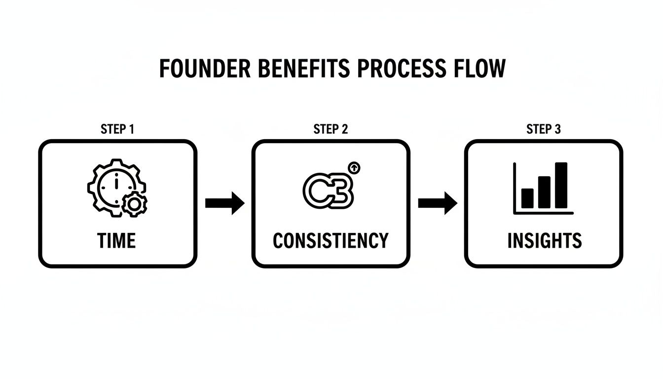 A diagram outlining the Founder Benefits Process Flow, featuring steps for Time, Consistency, and Insights.