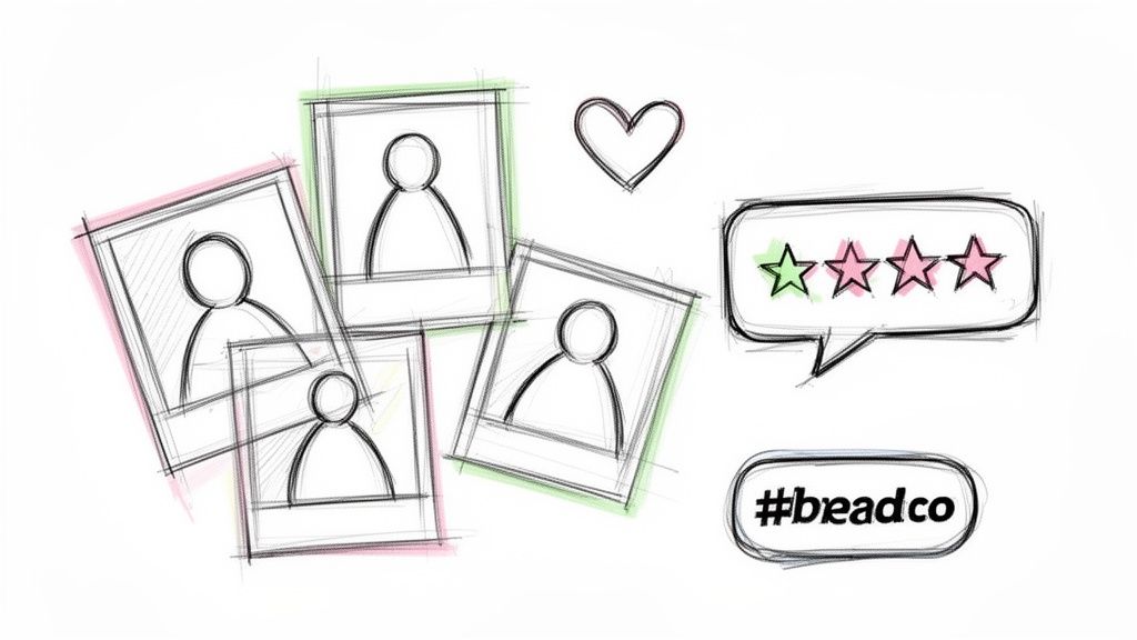 Hand-drawn sketches illustrating social media engagement: user profiles, a like heart, customer ratings, and a branded hashtag.