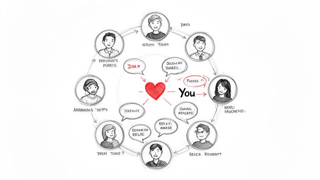 A hand-drawn diagram showing 'You' at the center with a heart, surrounded by eight people representing a social network.