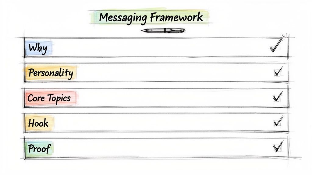 A hand-drawn sketch titled 'Messaging Framework' lists five key elements: Why, Personality, Core Topics, Hook, and Proof, each with a checkbox.