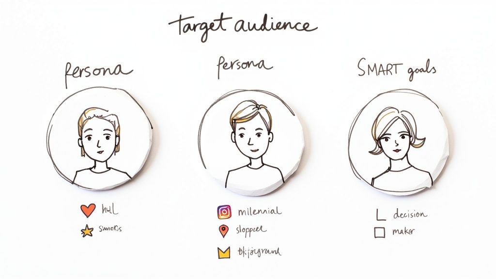Hand-drawn illustration defining target audience personas and SMART goals for business strategy.