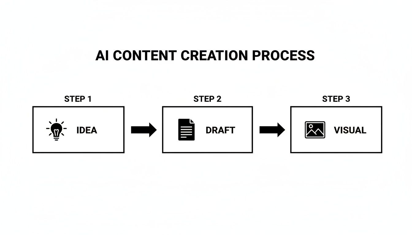 A flowchart illustrating the AI content creation process with three steps: Idea, Draft, and Visual.