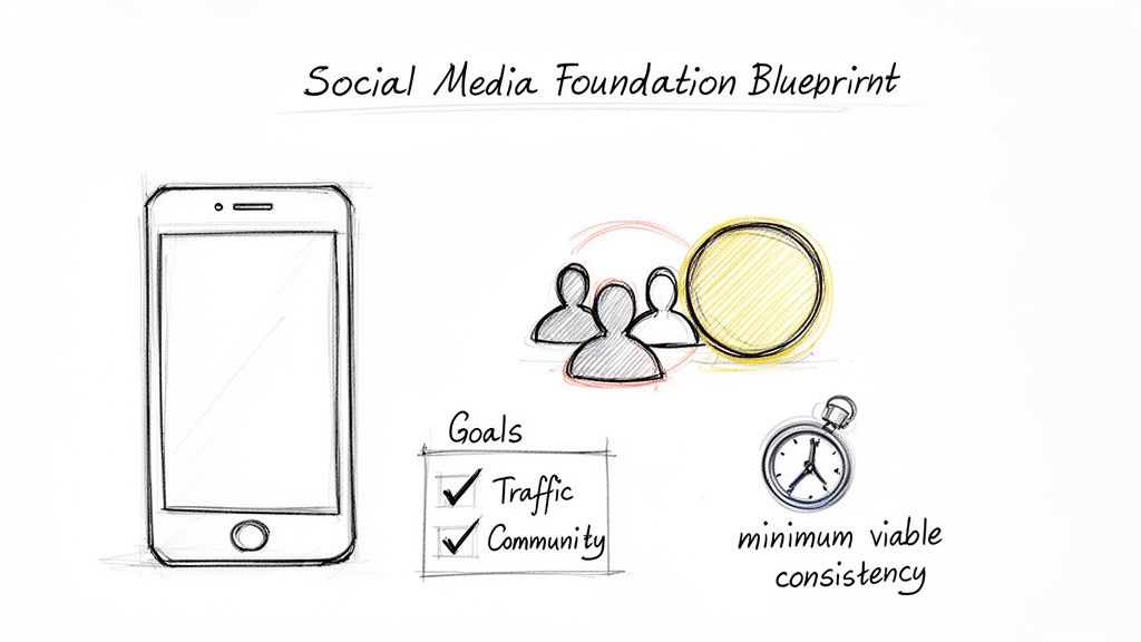 Social media foundation blueprint with smartphone, people icons, goals (traffic, community), and a consistency stopwatch.