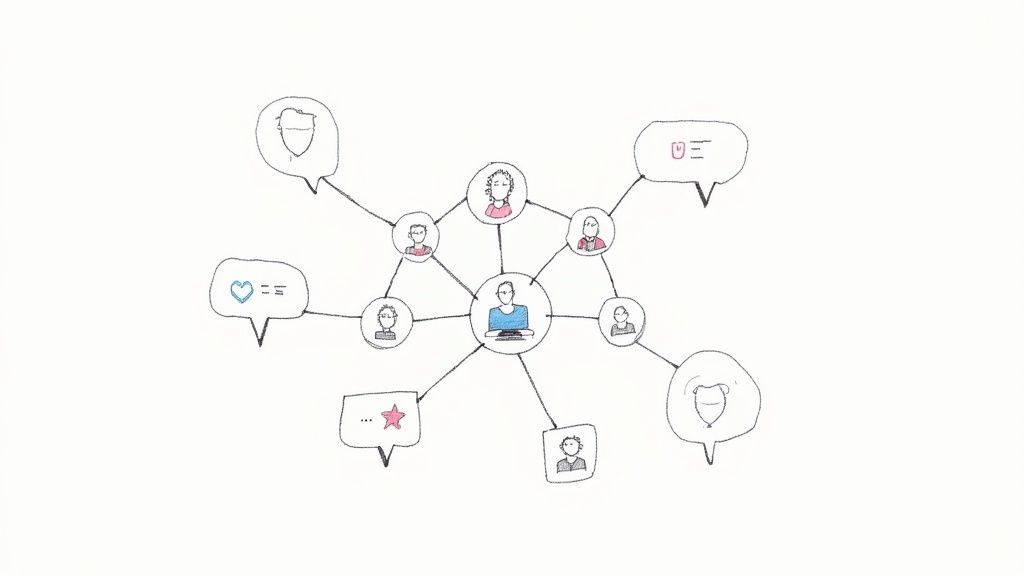 A person typing on a laptop, representing community management and social media engagement.