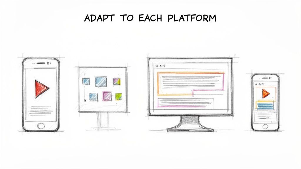 Sketch drawing showing digital content adapting across various screens like smartphones, tablets, and desktops.