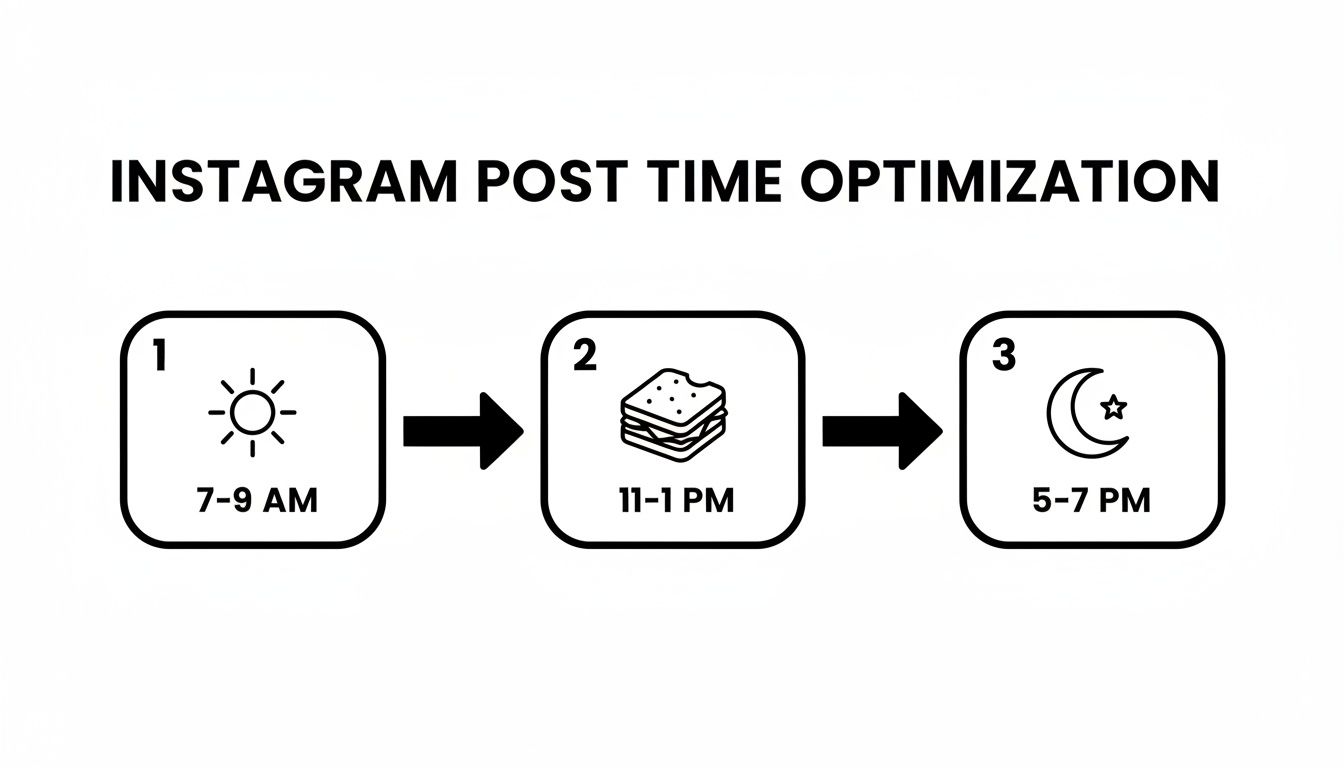 Infographic detailing optimal Instagram post times: 7-9 AM, 11 AM-1 PM, and 5-7 PM.