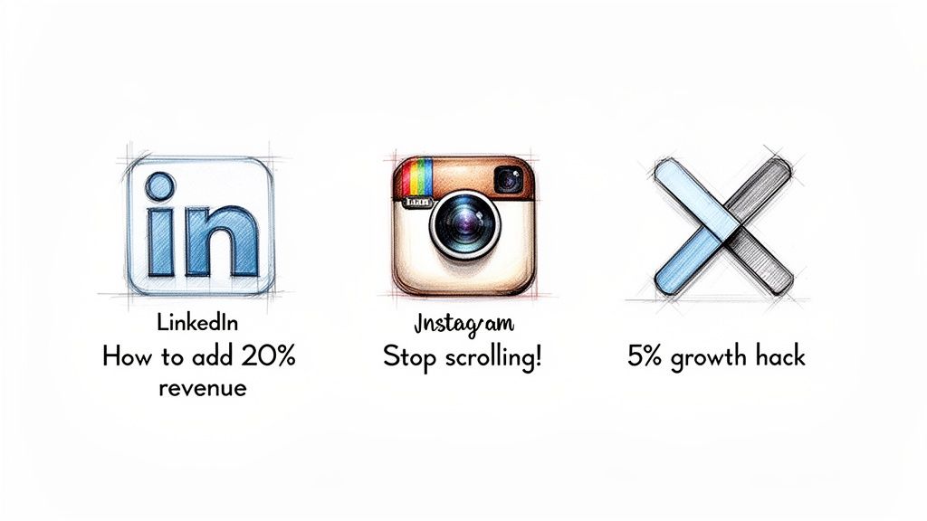 A hand-drawn sketch of LinkedIn and Instagram icons with business growth advice, plus a '5% growth hack' symbol.