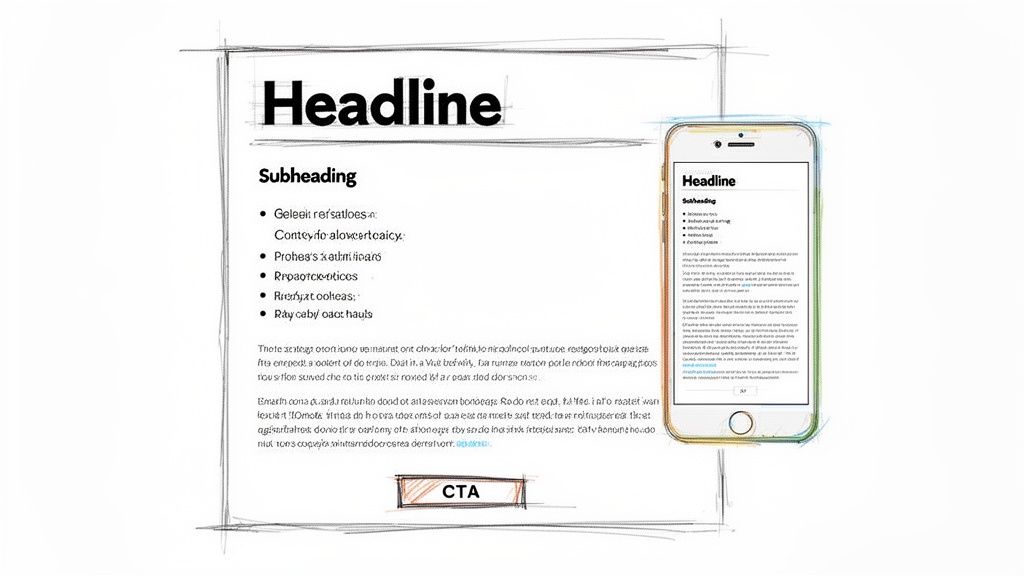 A sketch of an article layout with a headline, subheading, bullet points, and body text, next to a smartphone showing the responsive design.