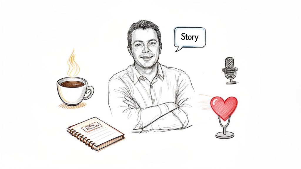 A sketch of a man with folded arms, coffee, a notebook, a microphone, and a heart, with a speech bubble saying "Story".