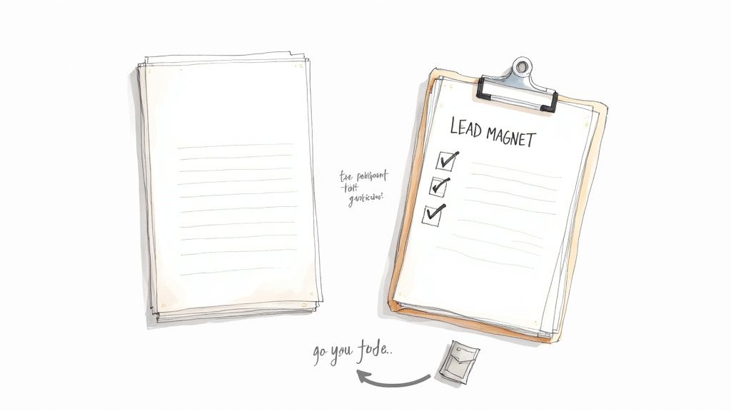 An overhead shot of two professionals in a business meeting, using a laptop and discussing a graph, representing B2B lead generation on LinkedIn.