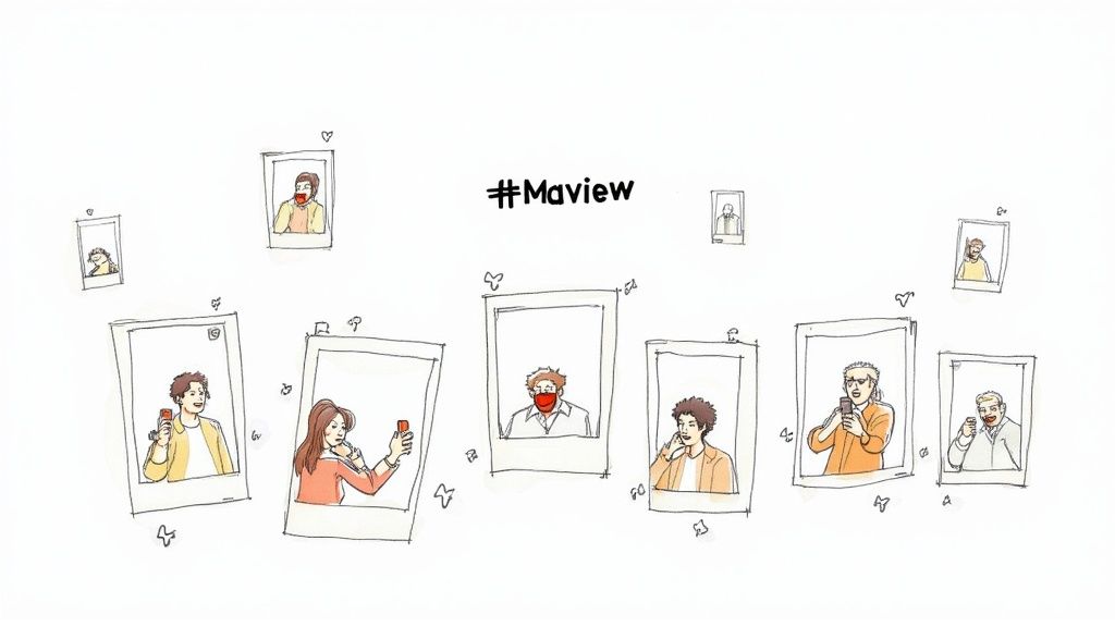 Diverse people in hand-drawn frames using phones, surrounded by small hearts, showcasing '#Maview'.