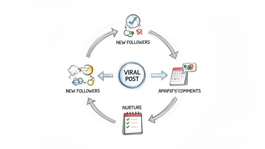 A circular infographic illustrating how a viral post generates new followers through amplification and nurturing.