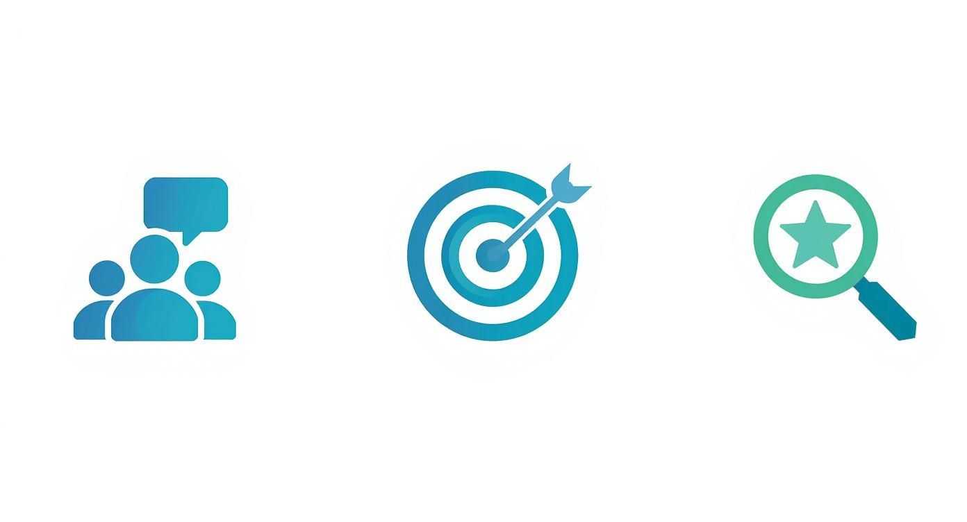 Infographic about content creation for small business showing a three-step process: Audience, Goals, and Keywords.