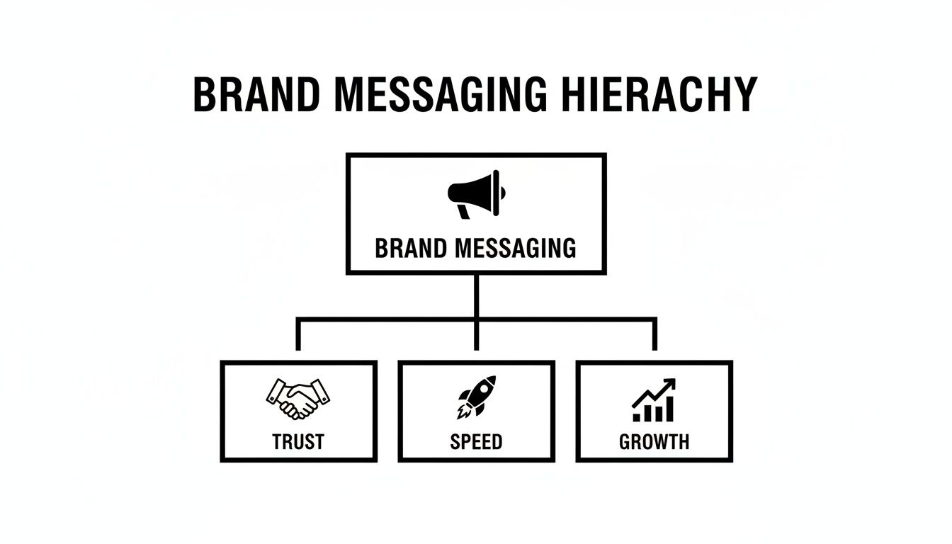 A brand messaging hierarchy diagram showing brand messaging leading to trust, speed, and growth.