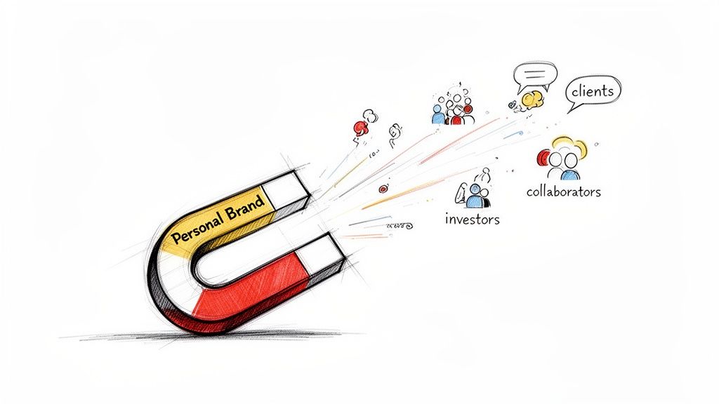 A personal brand magnet attracting clients, collaborators, and investors, illustrating career growth.