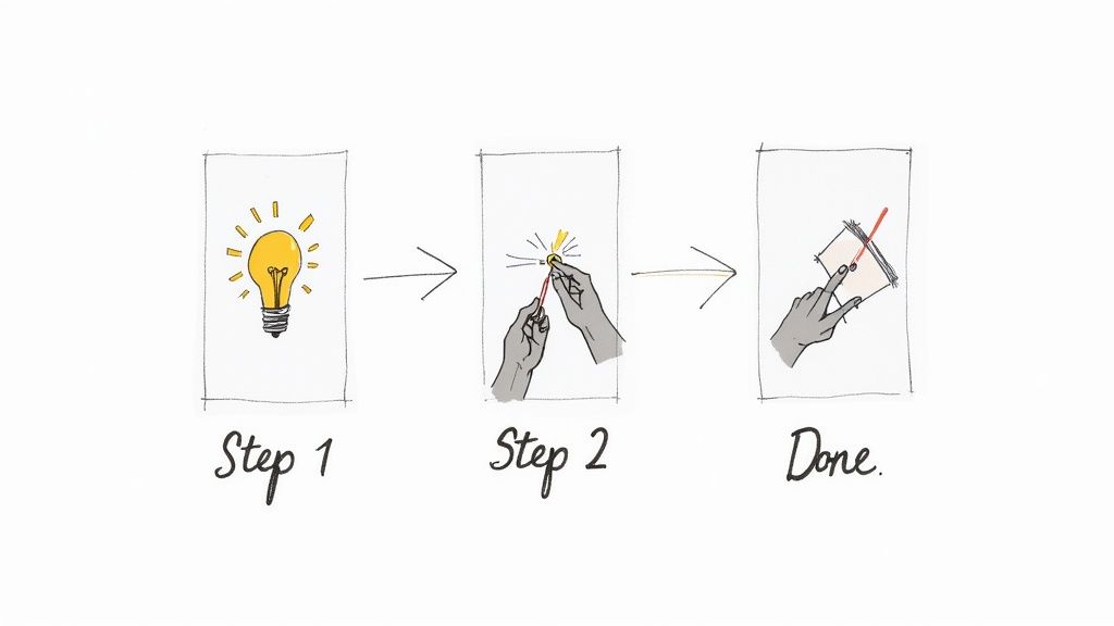 A three-step diagram illustrating an idea (lightbulb), focusing on it, and then marking it as done.