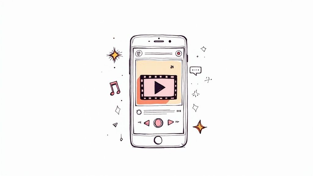 A hand-drawn smartphone displays a video player, surrounded by stars, musical notes, and speech bubbles.