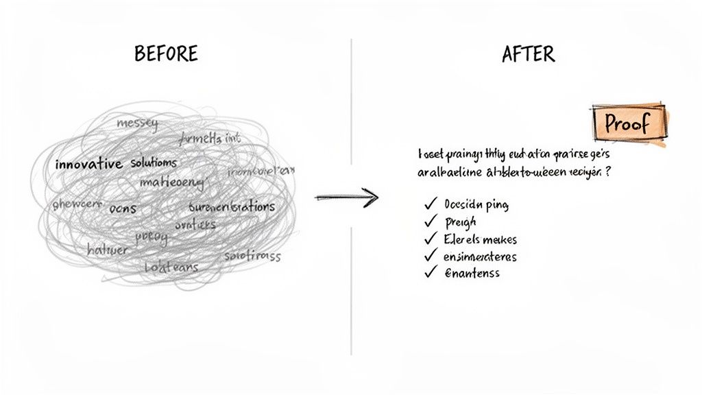 A 'BEFORE' and 'AFTER' comparison showing a messy tangle of words transforming into a clear, organized checklist.
