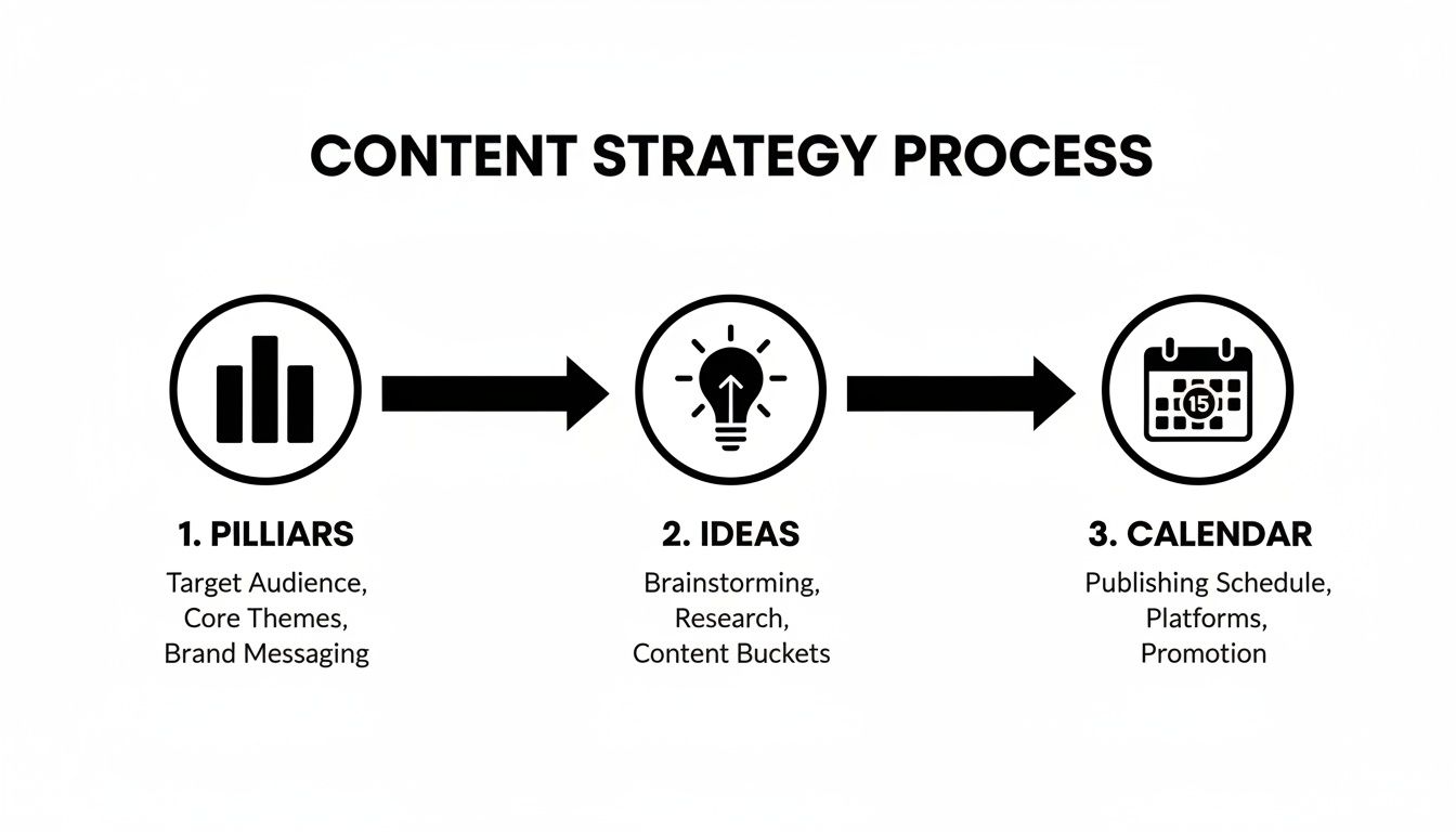 A content strategy process flow diagram showing three steps: Pillars, Ideas, and Calendar.