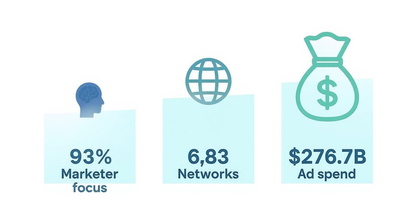 Infographic showing marketing statistics: 93% marketer focus, 6,83 networks, and $276.7B ad spend.
