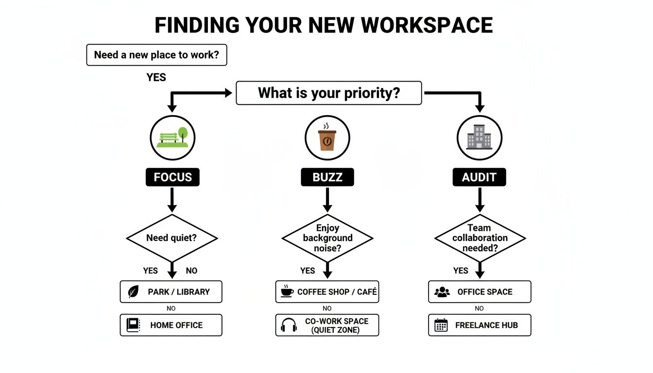 A flowchart titled 'Finding Your New Workspace' guiding users to choose a suitable workspace based on priorities.