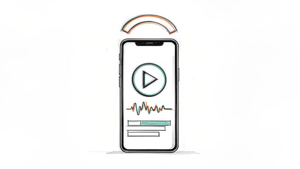 A sketch of a smartphone displaying a play button, sound waves, and signal arcs, representing mobile content streaming.