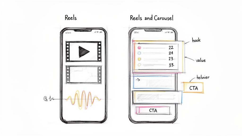 Sketch of two smartphone screens illustrating Instagram content strategies for Reels and Carousels with CTAs.