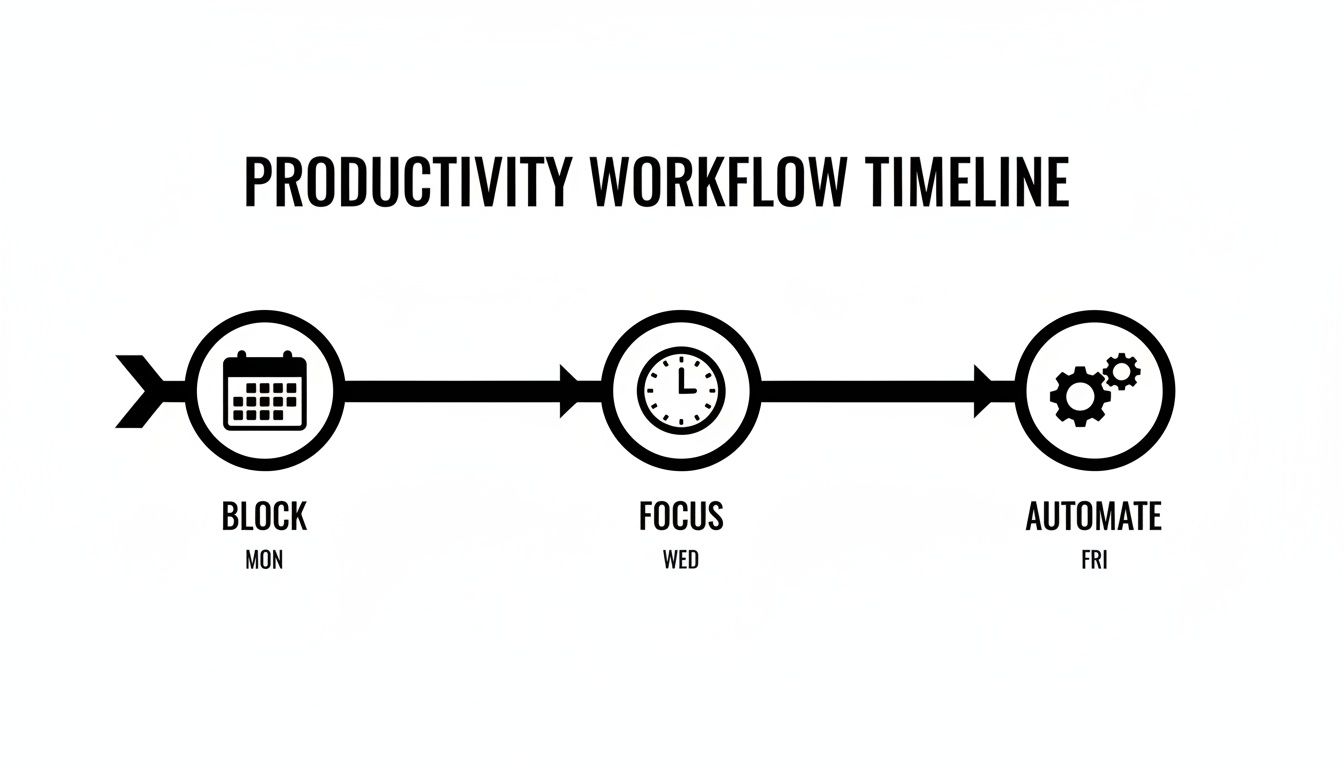 A productivity workflow timeline with three steps: Block (Monday), Focus (Wednesday), Automate (Friday).