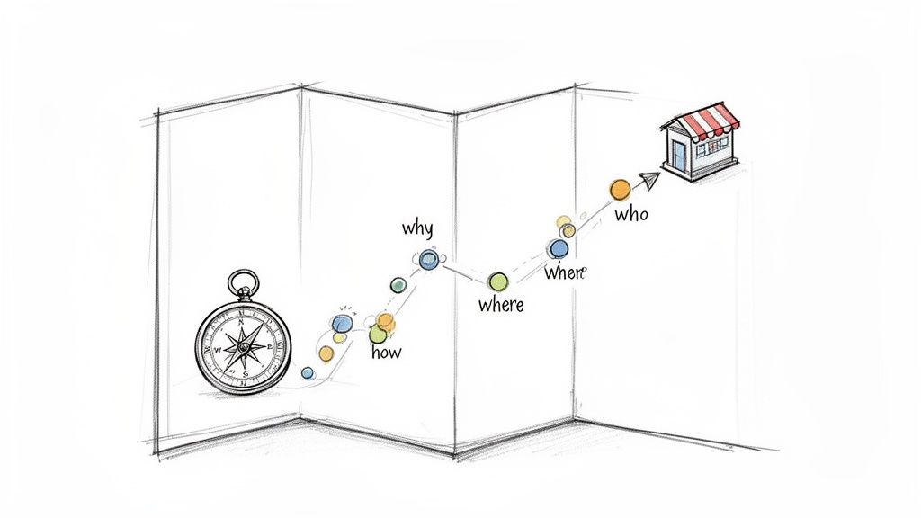 A hand-drawn map with a compass guides a path of strategic questions toward a destination shop.